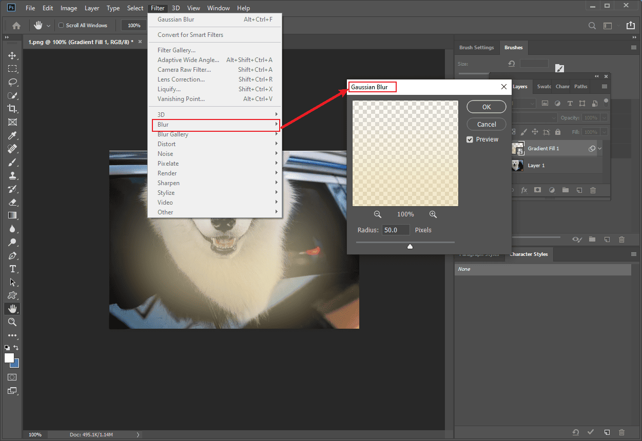 Photoshop interface that shows how to blur the light leaks.