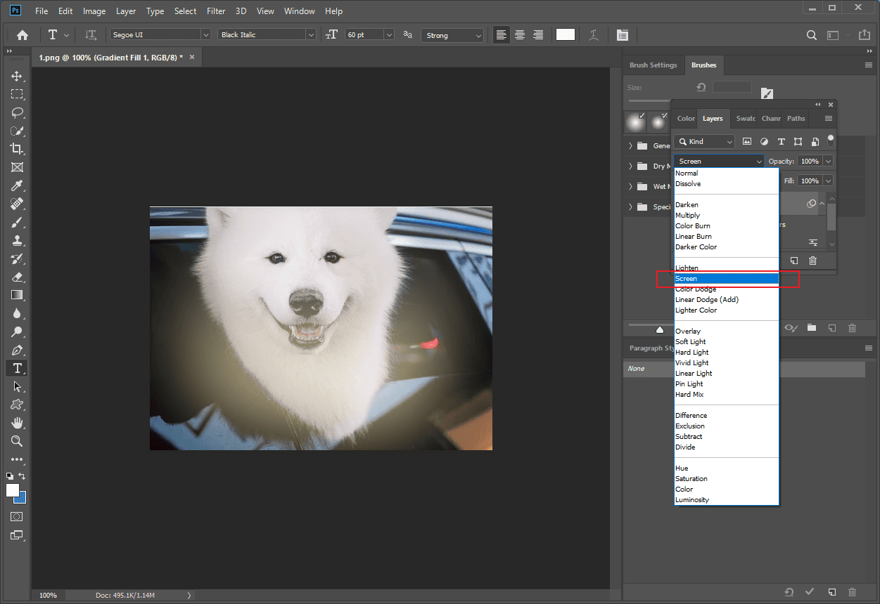 Photoshop interface with the highlighted Screen option from the Blend Mode.