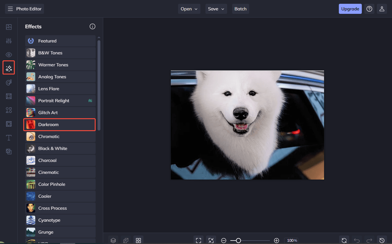BeFunky interface with the selected Darkroom option from the Effects tab on the left toolbar.