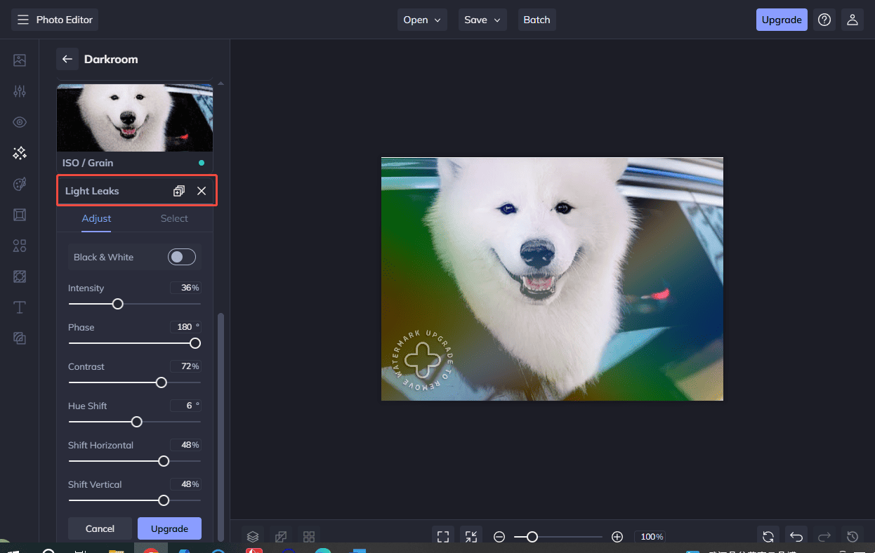 Befunky interface that shows how to adjust the light leaks properties from the Darkroom option.