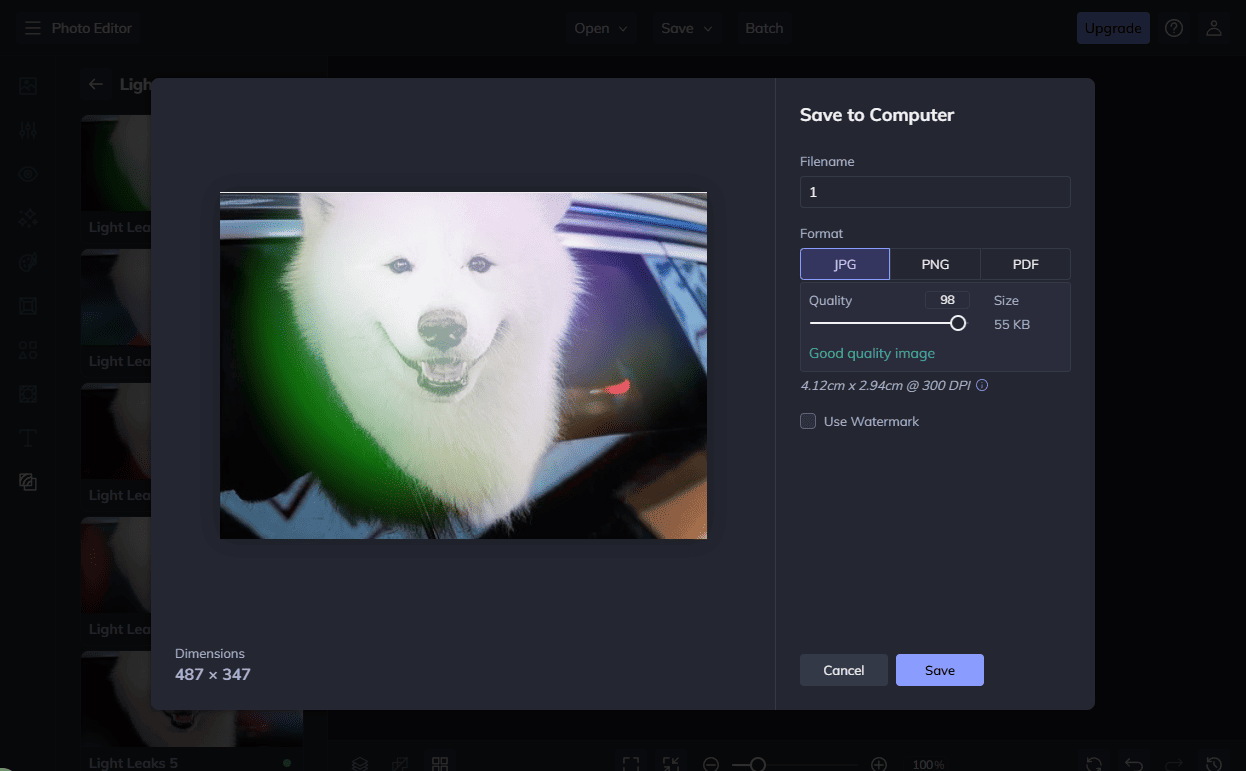 BeFunky Export window that shows how to customize the photo format and quality.