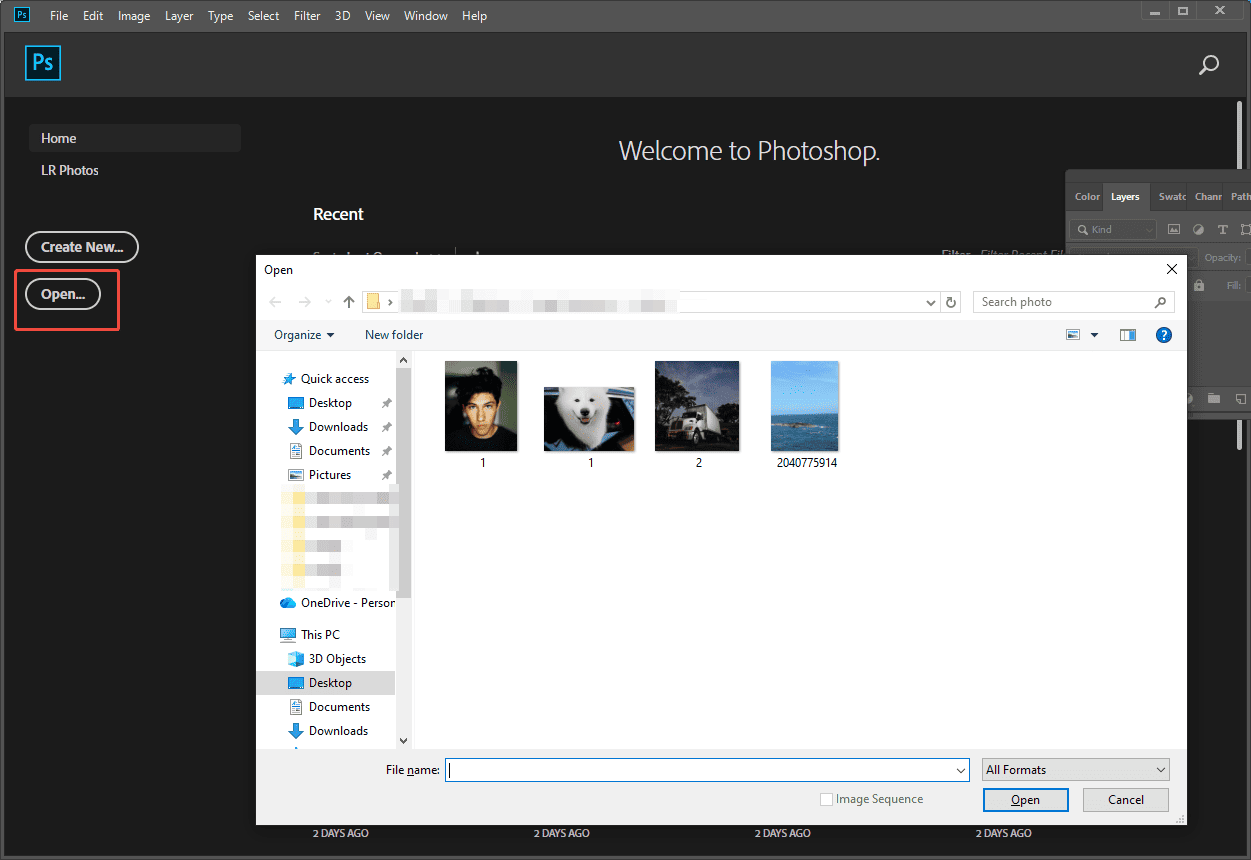 Photoshop interface with the highlighted Open... option.