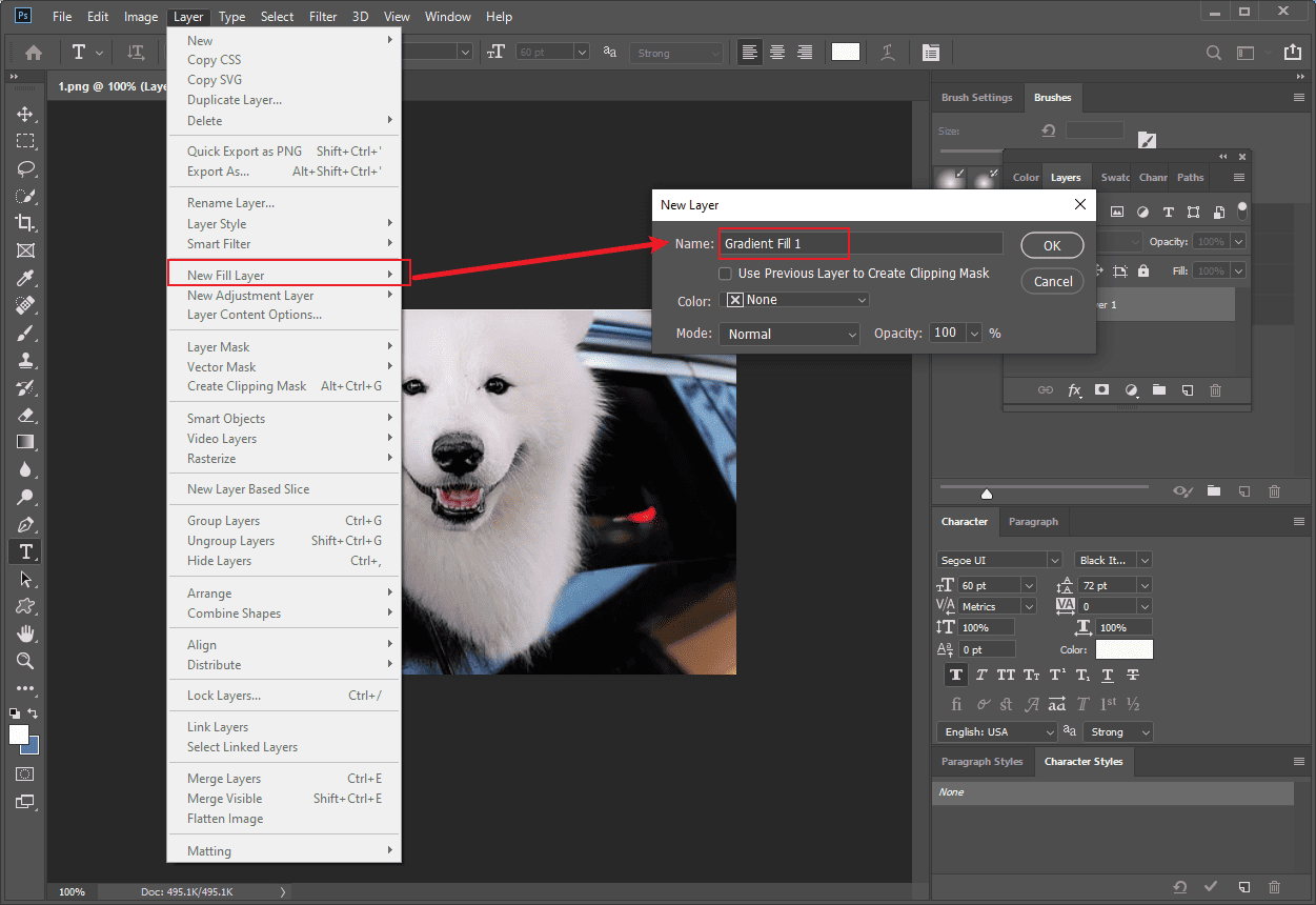 Photoshop interface with the New Layer window from the selected New Fill Layer option.