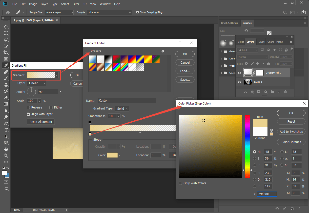 Photoshop interface showing how to pick the desired color for the light leaks.