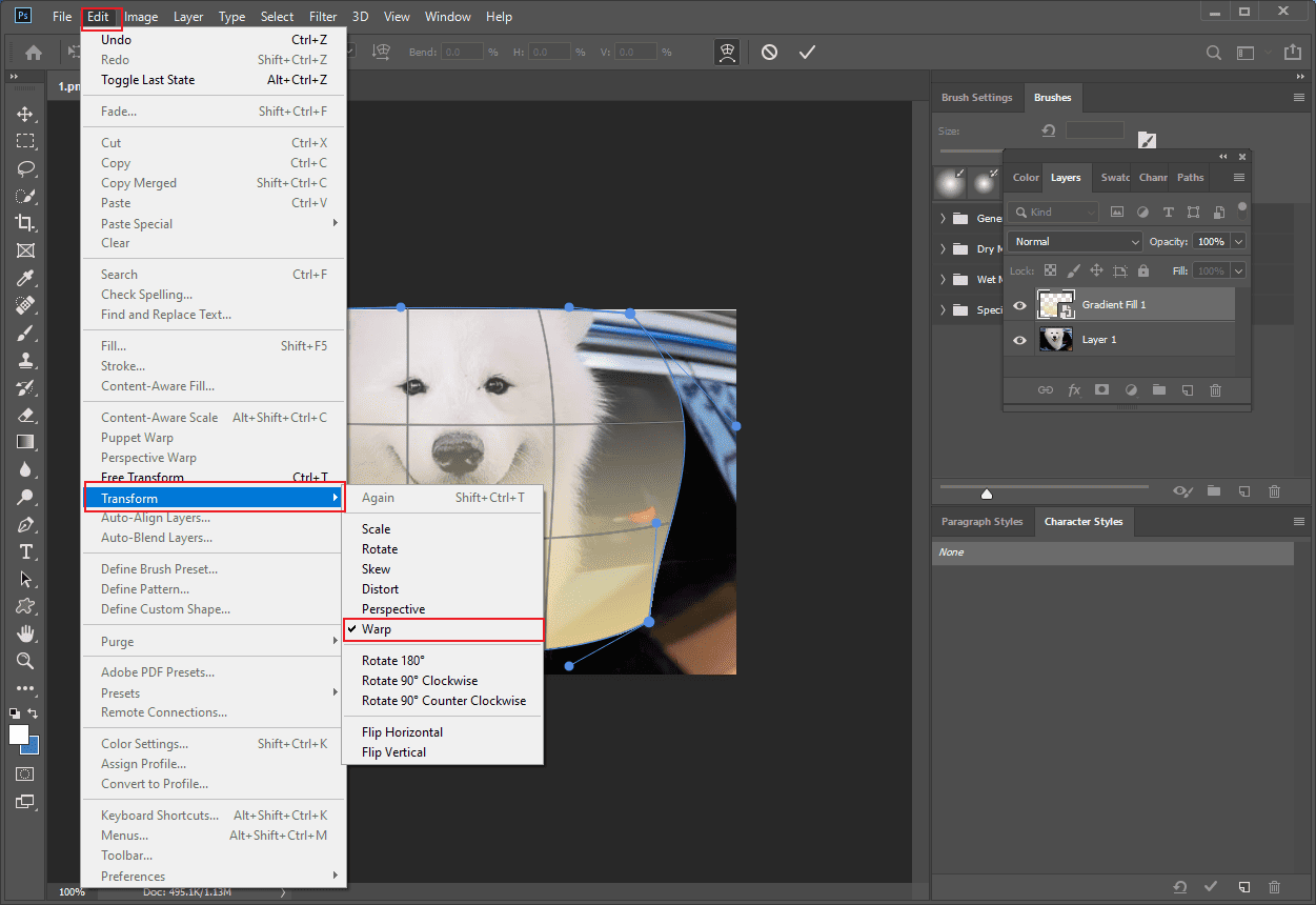 Photoshop interface with the selected Warp option from the Transform dropdown list.