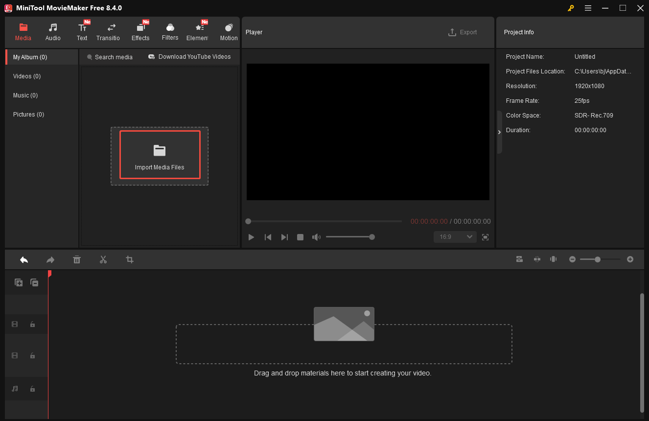 MiniTool MovieMaker with the highlighted Import Media Files option.