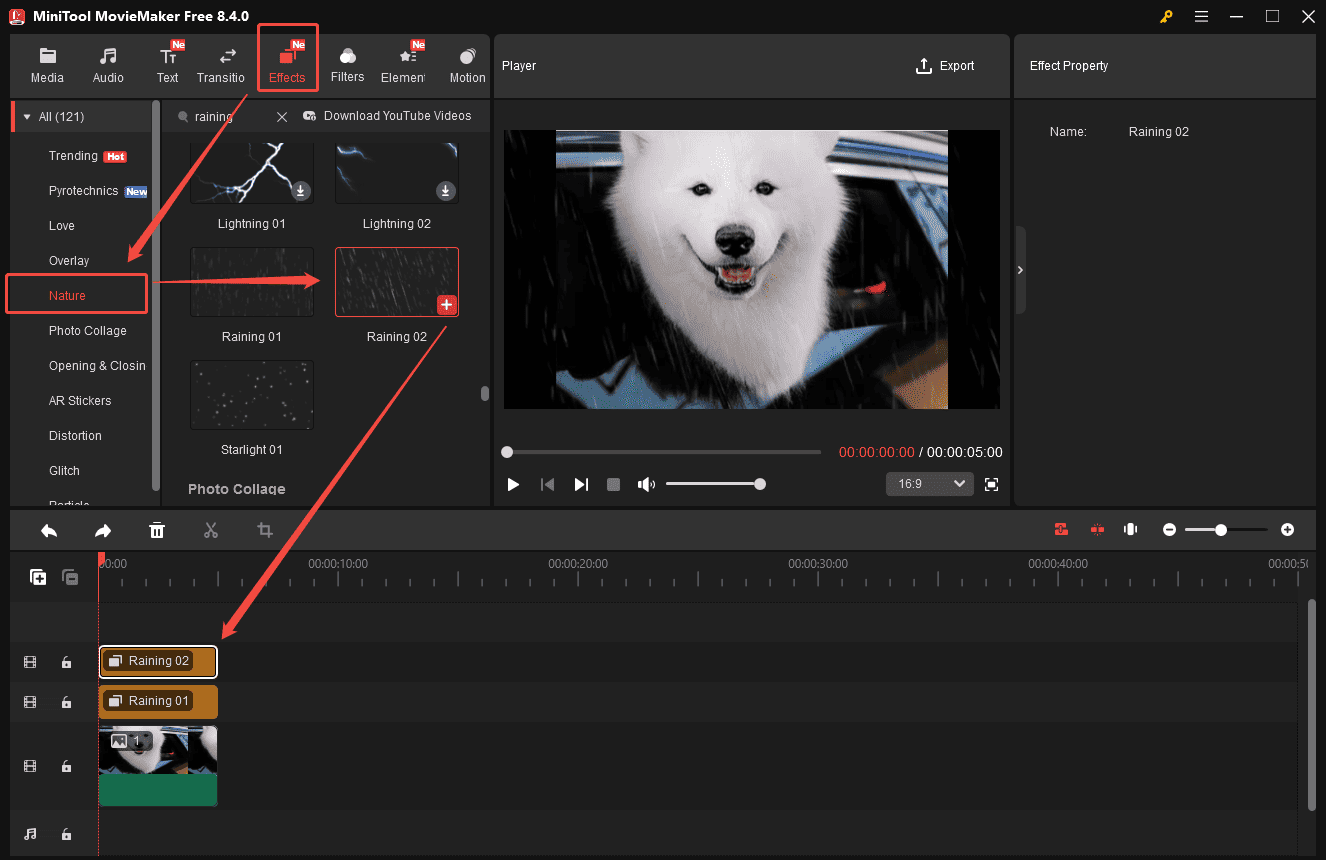 MiniTool MovieMaker interface that shows how to add rain effects to a photo.