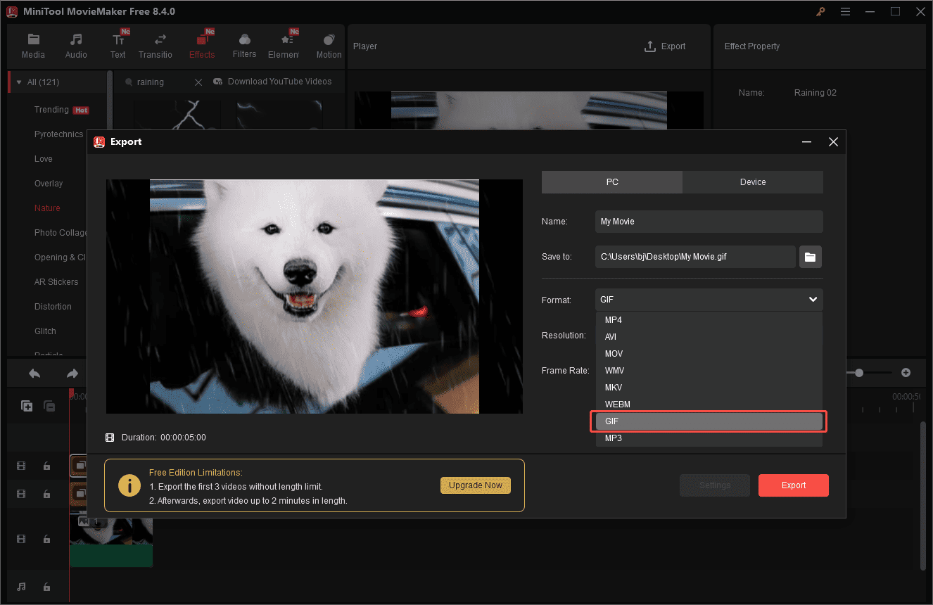 MiniTool MovieMaker Export window with the selected GIF format option.