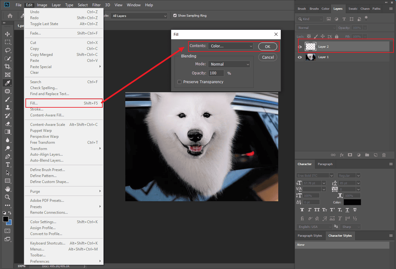 Photoshop interface that shows how to fill a layer with black color.
