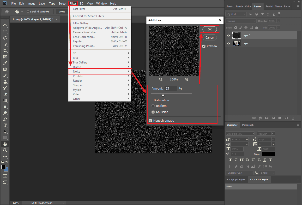 Photoshop interface that shows how to add noise to a layer.
