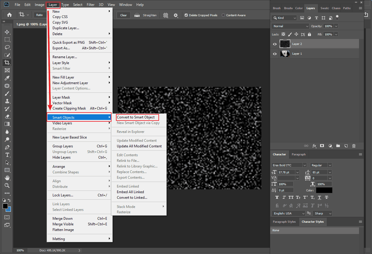 Photoshop interface with the selected Convert to Smart Object under the Layer tab.