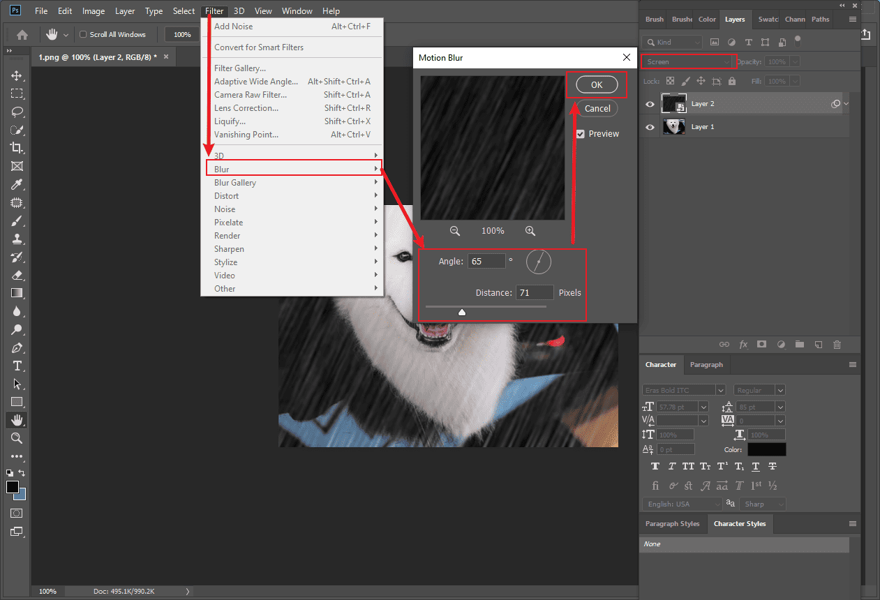 Photoshop interface that shows how to add blur to a layer.