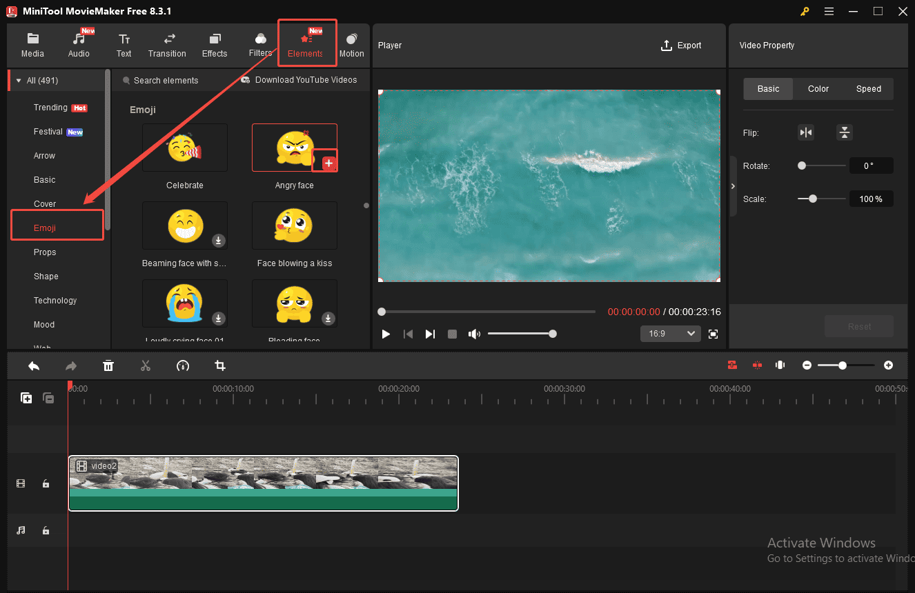 Cliquez sur Éléments en haut du menu, puis sur l'onglet Émojis pour ajouter des autocollants émojis à votre vidéo.