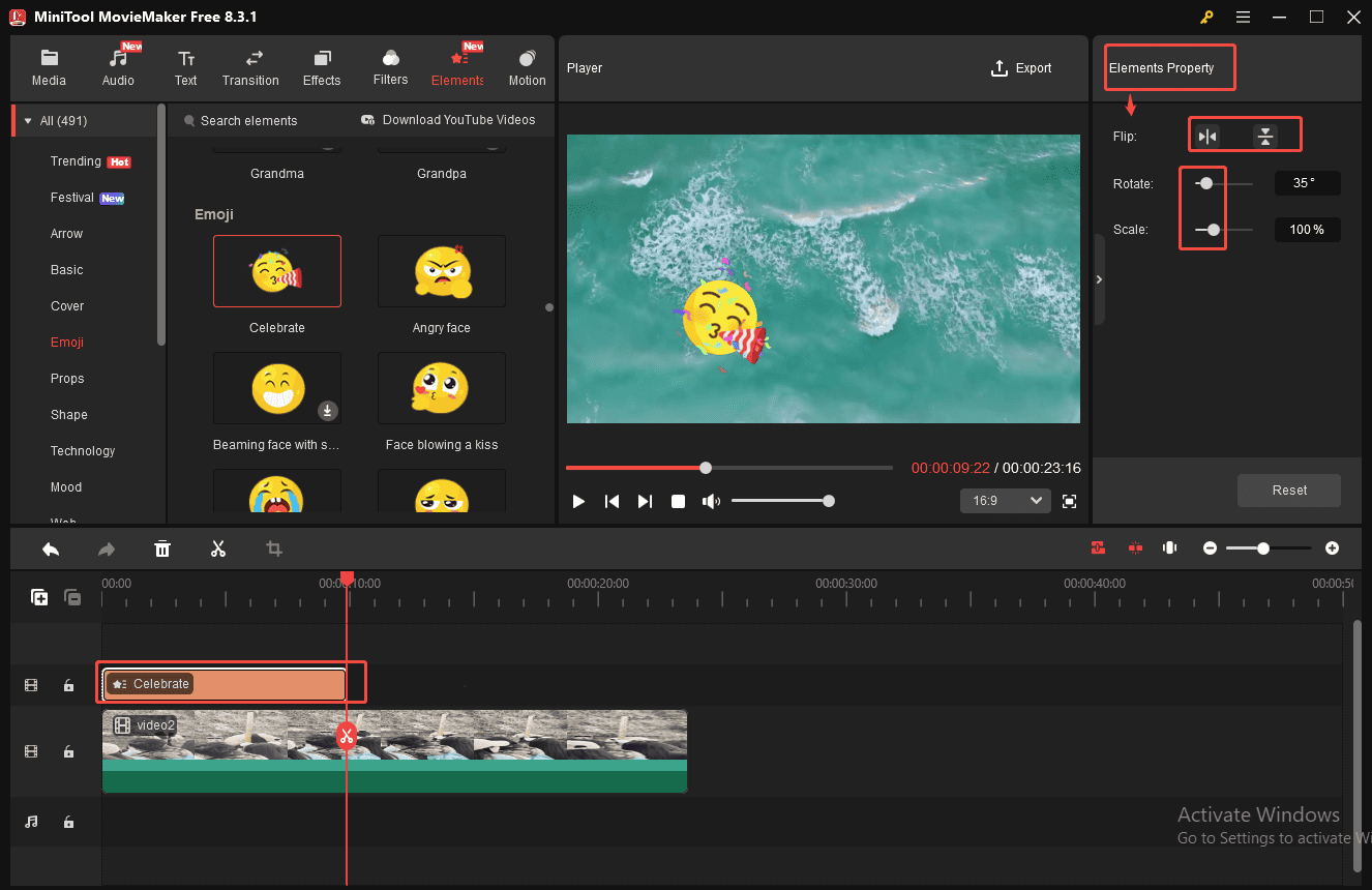 Modifiez la durée, l'angle et la taille des emojis dans MiniTool MovieMaker.