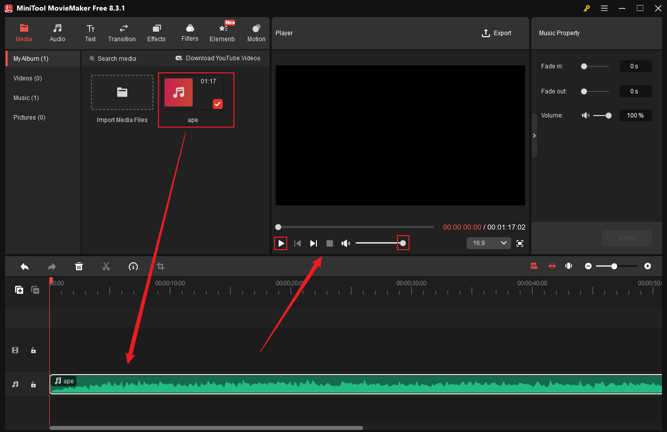 Wiedergabe der APE-Datei in MiniTool MovieMaker.