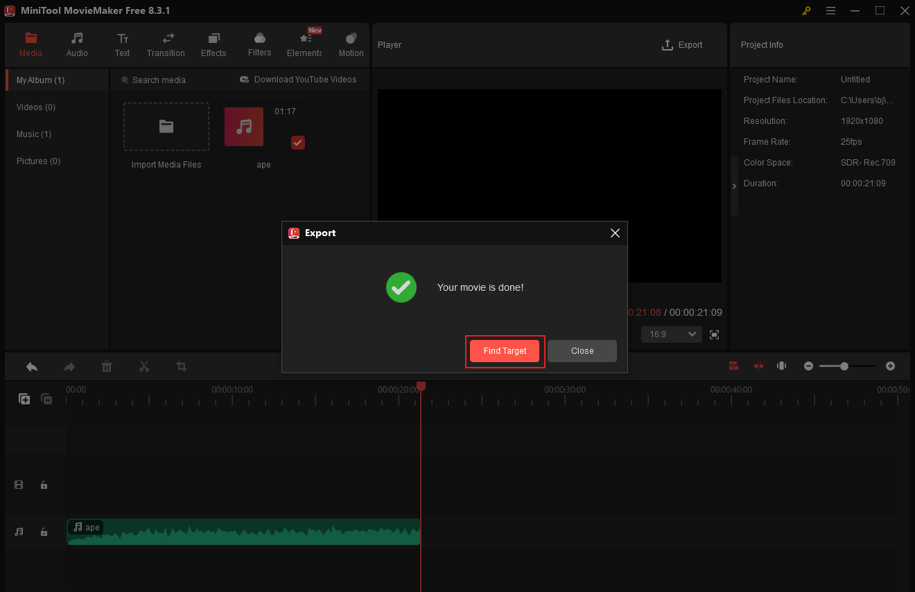 Klicken Sie in MiniTool MovieMaker auf Ziel suchen, um die Audiodatei zu finden.