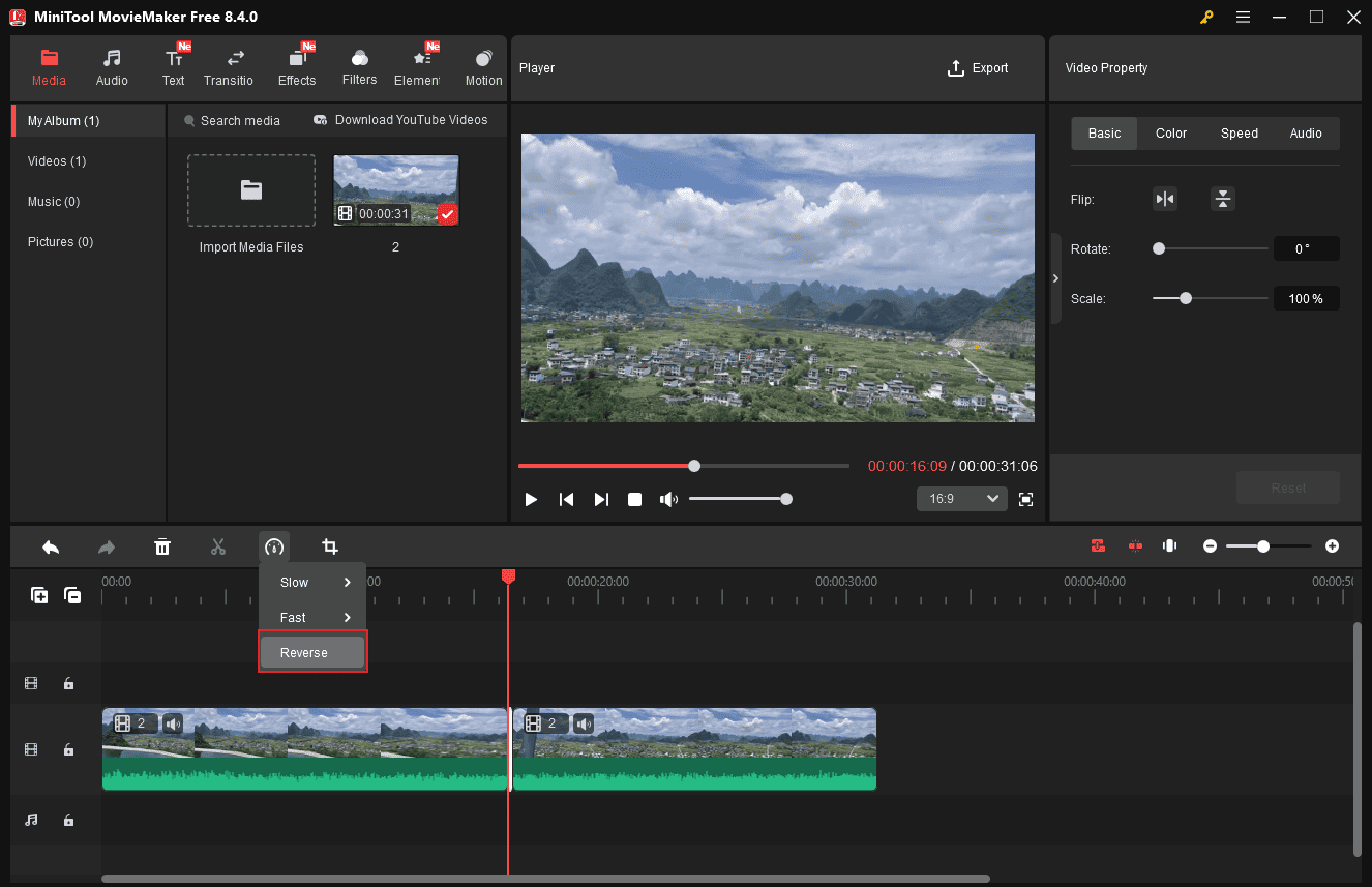 MiniTool MovieMaker interface with the selected Reverse option from the Speed dropdown list.
