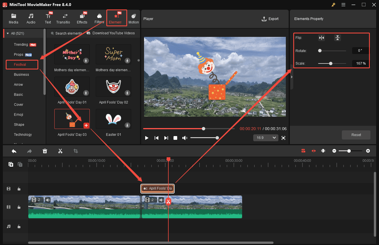 MiniTool MovieMaker interface that shows how to add stickers to video.