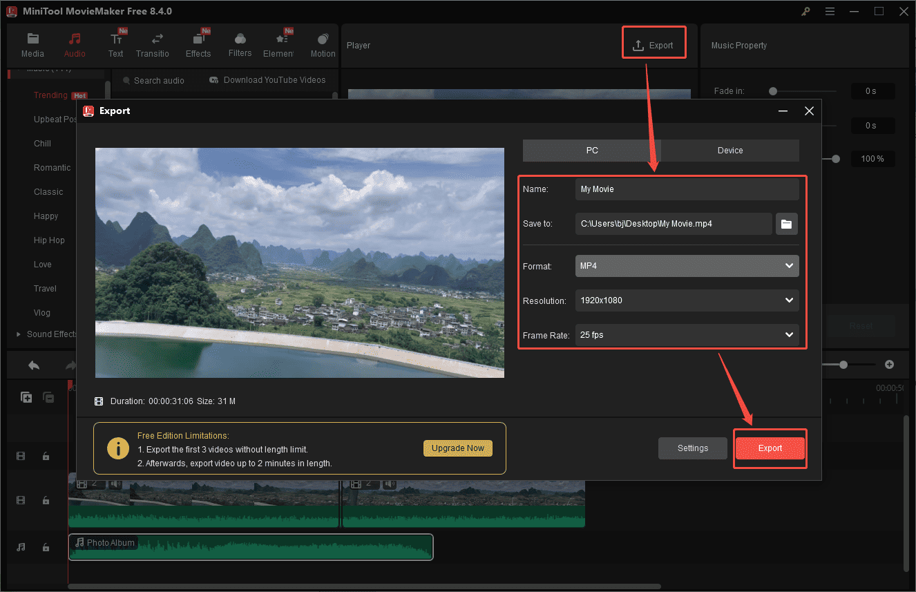 MiniTool MovieMaker interface that shows how to export the video to the computer.