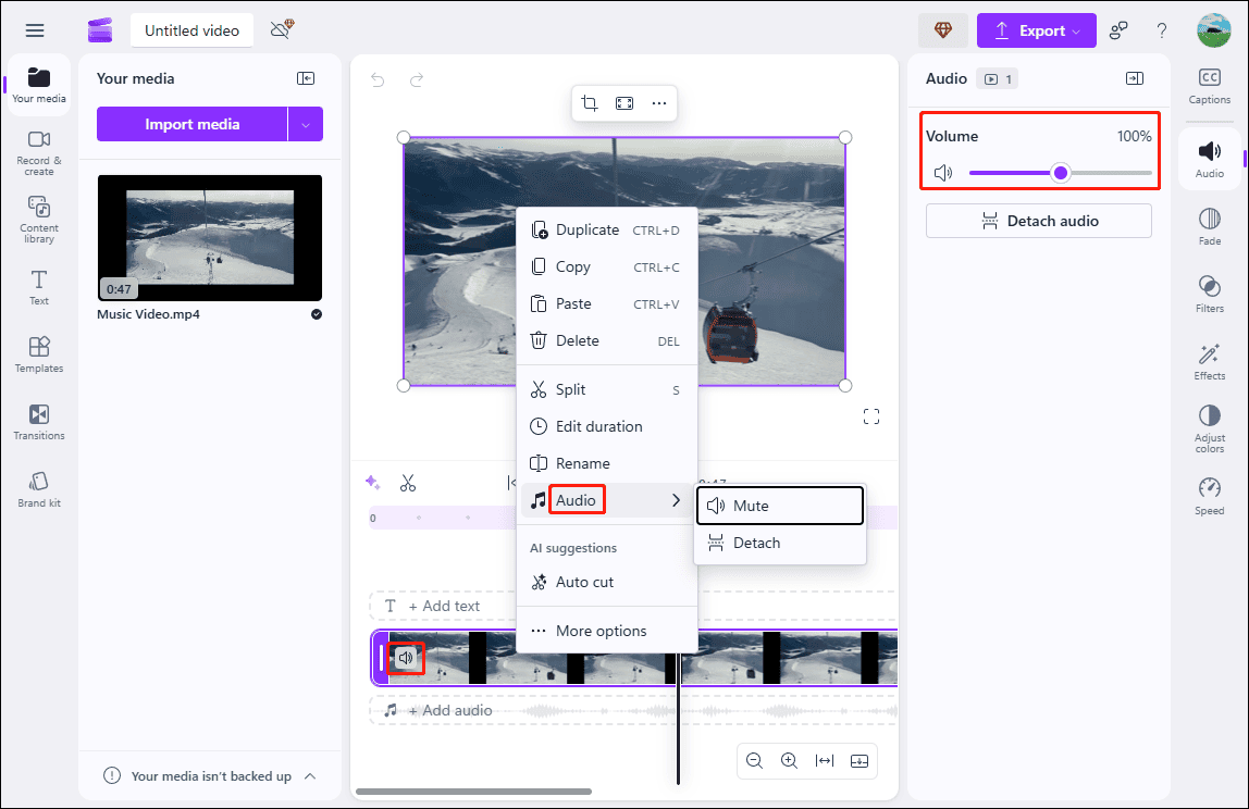 Microsoft Clipchamp-Oberfläche, die zeigt, wie Sie das Video stummschalten können.