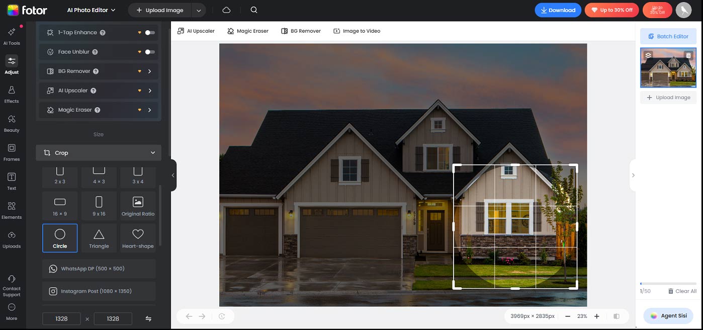 Fotor editing page with the enabled crop tool and a circle crop area on a house image.