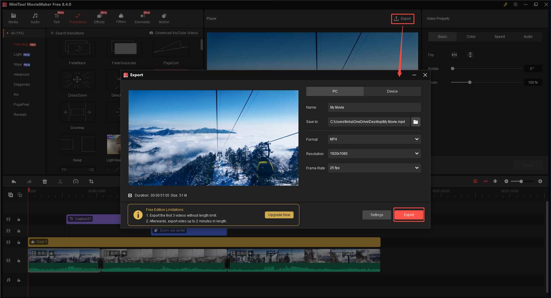 MiniTool MovieMakerの出力ウィンドウで設定を行って編集した動画をエクスポートする様子