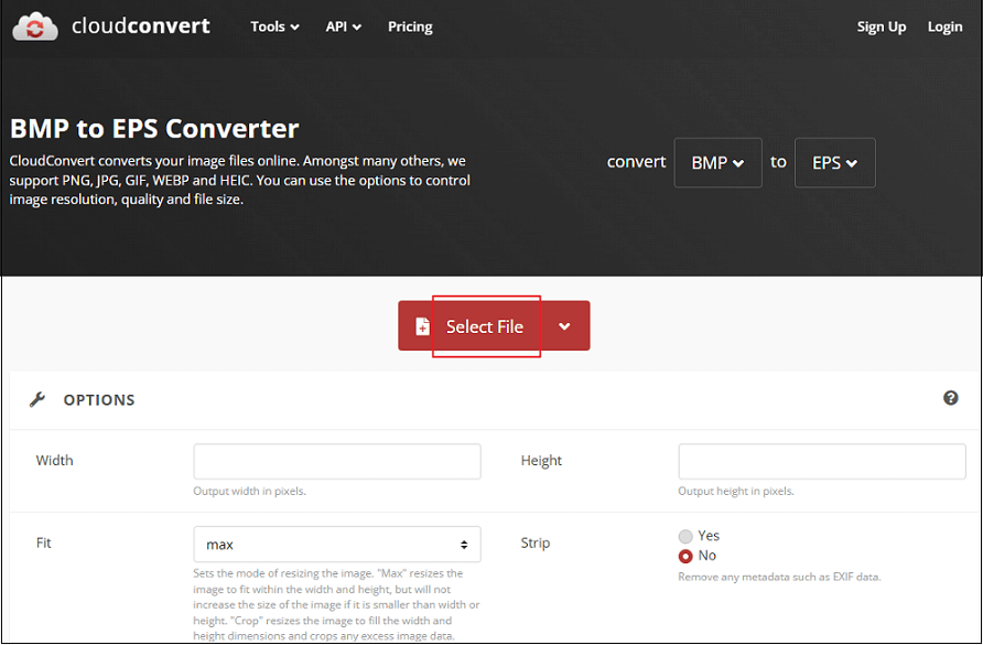CloudConvert interface with the Select File option selected.