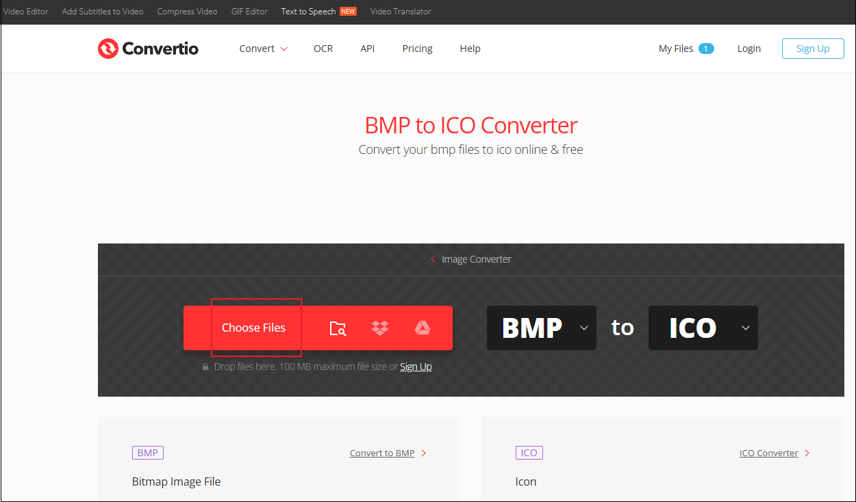 Convertio interface with the Choose Files option selected.