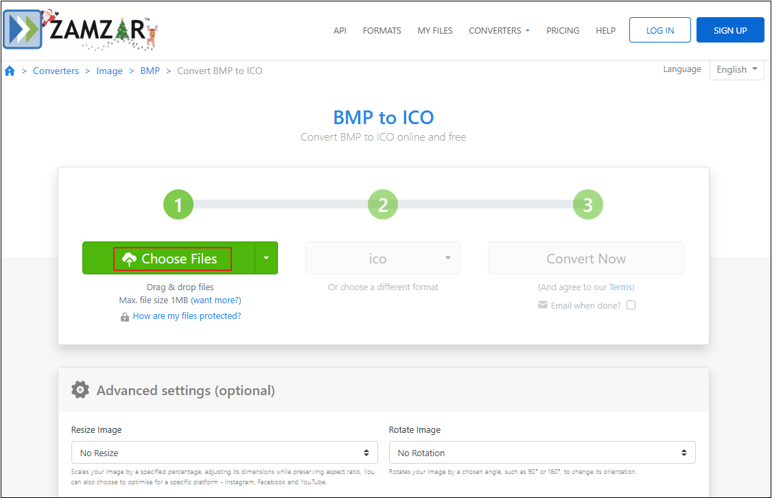 Zamzar interface with the Choose Files option selected.
