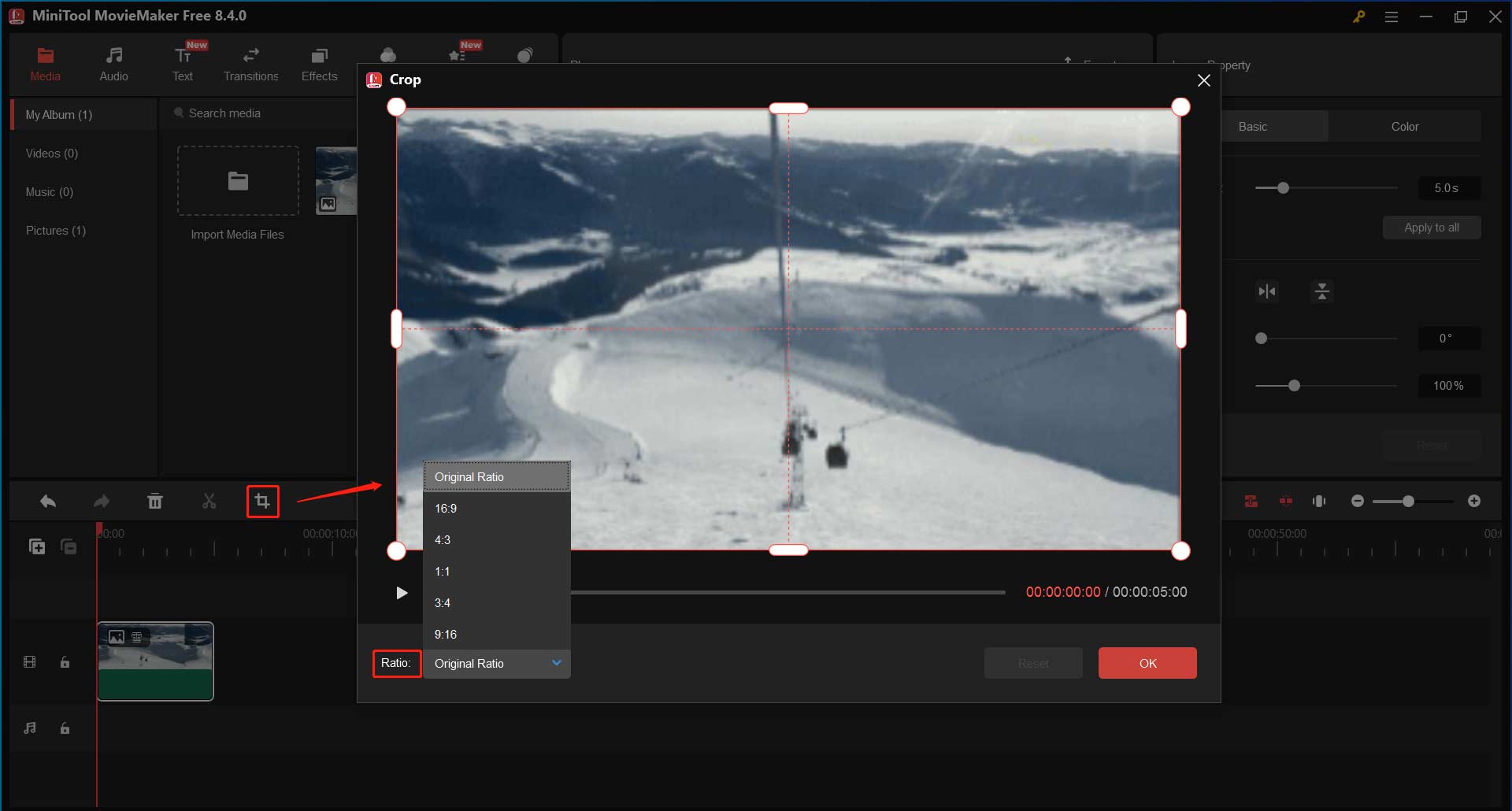 MiniTool MovieMakerでクロップアイコンをクリックした後に表示されるクロップウィンドウ