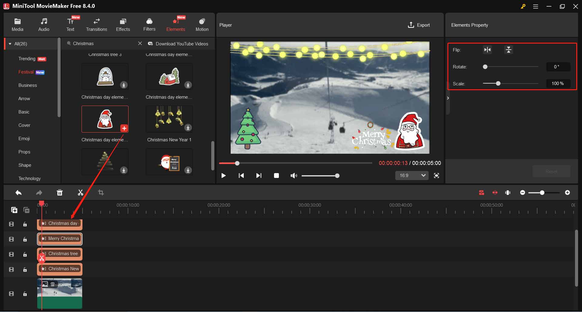 MiniTool MovieMakerでクリスマスステッカーを写真に追加した状態