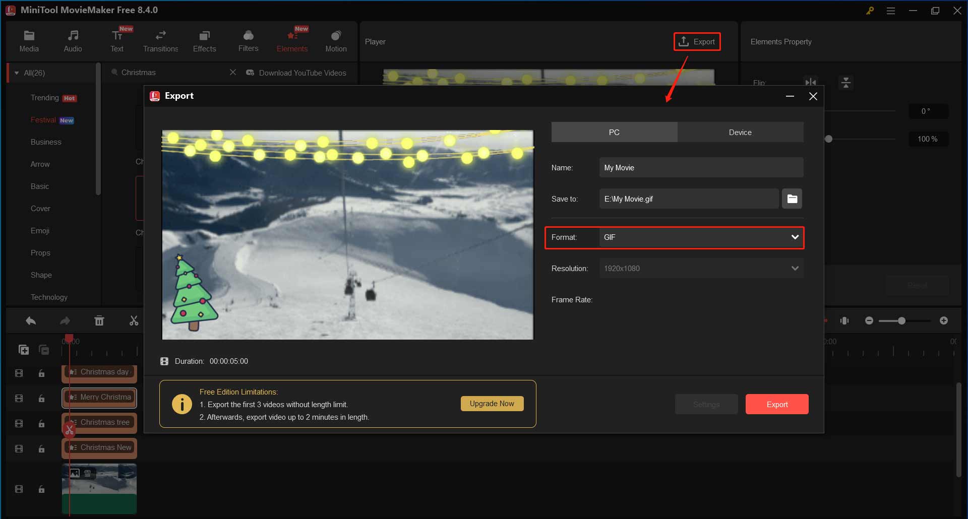 MiniTool MovieMakerで「Export」ボタンをクリックした後に表示されるエクスポートウィンドウ