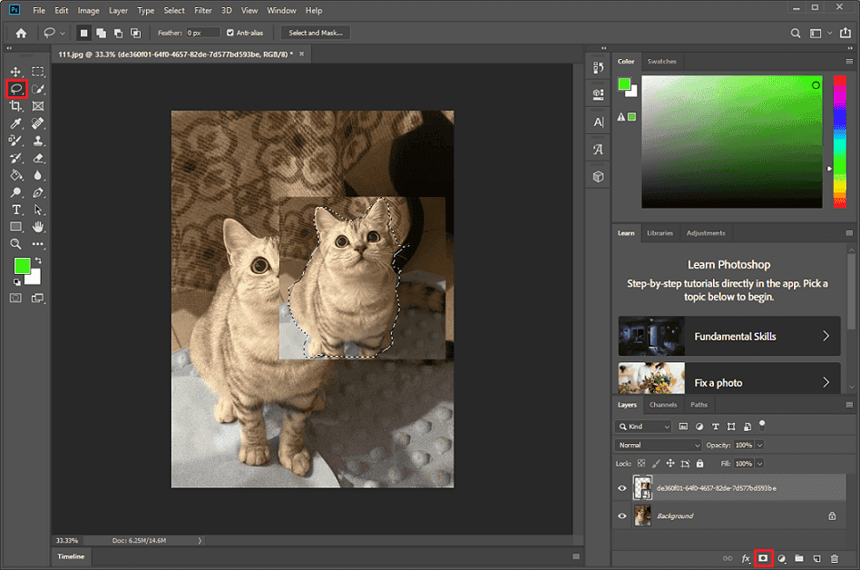 Photoshop with the Lasso tool and the Add layer mask option selected.