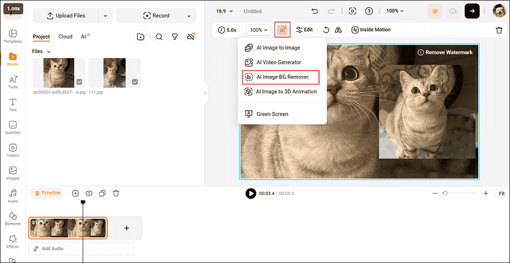 FlexClip’s interface with the AI Image BG Remover option selected in the AI section.