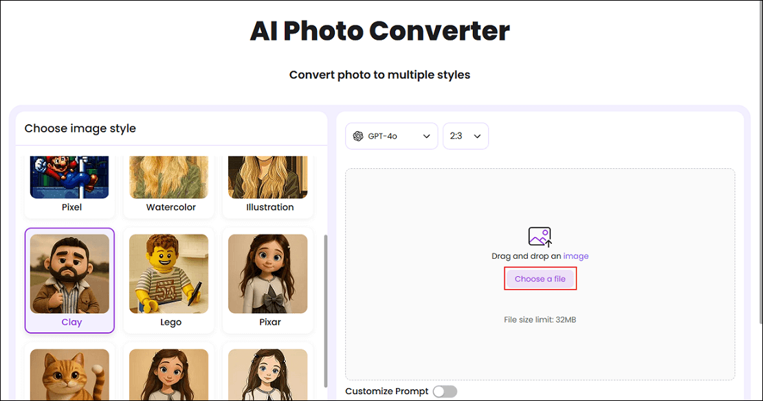 EaseMate AI interface with the Choose a file option selected.