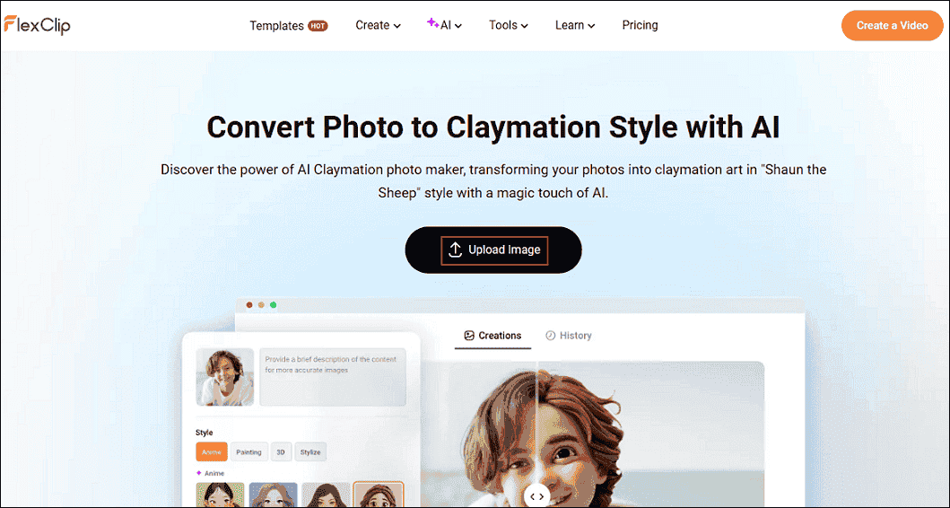 FlexClip interface with the Upload Image option selected.