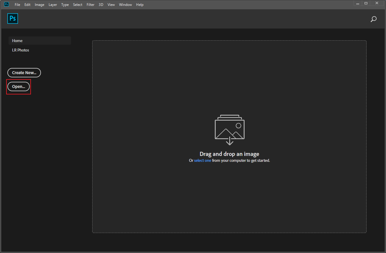 Adobe Photoshop interface with the Open option selected to import the target image.