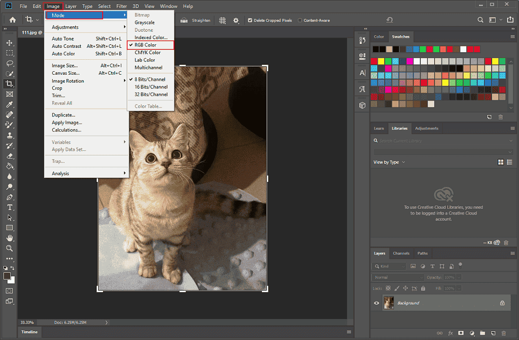 Photoshop interface with the Mode option selected from the Image list to check the color mode.