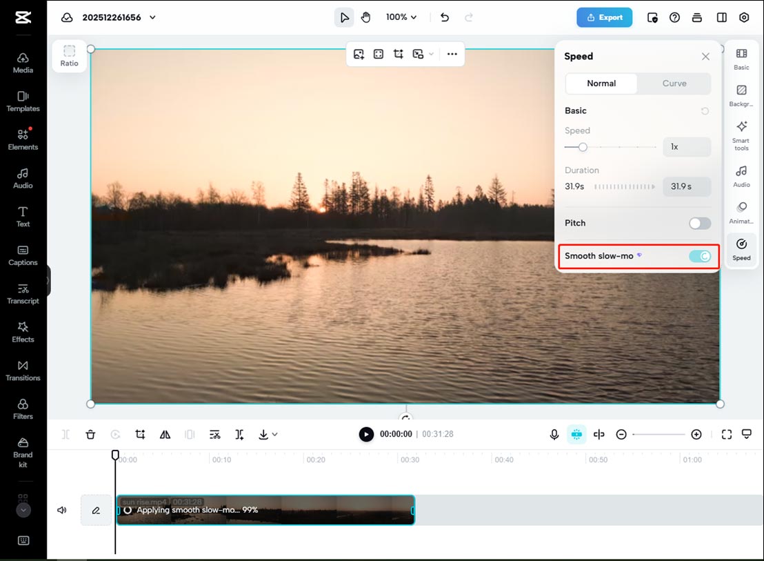 CapCut Online video editor interface showing how to add a slow-motion effect with AI.