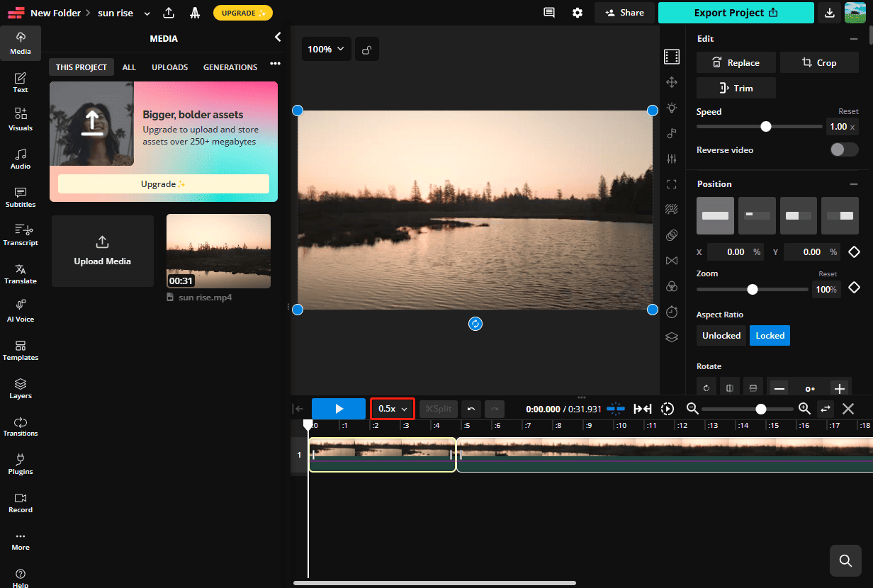 Kapwing online video editor interface with the 0.5x speed selected.