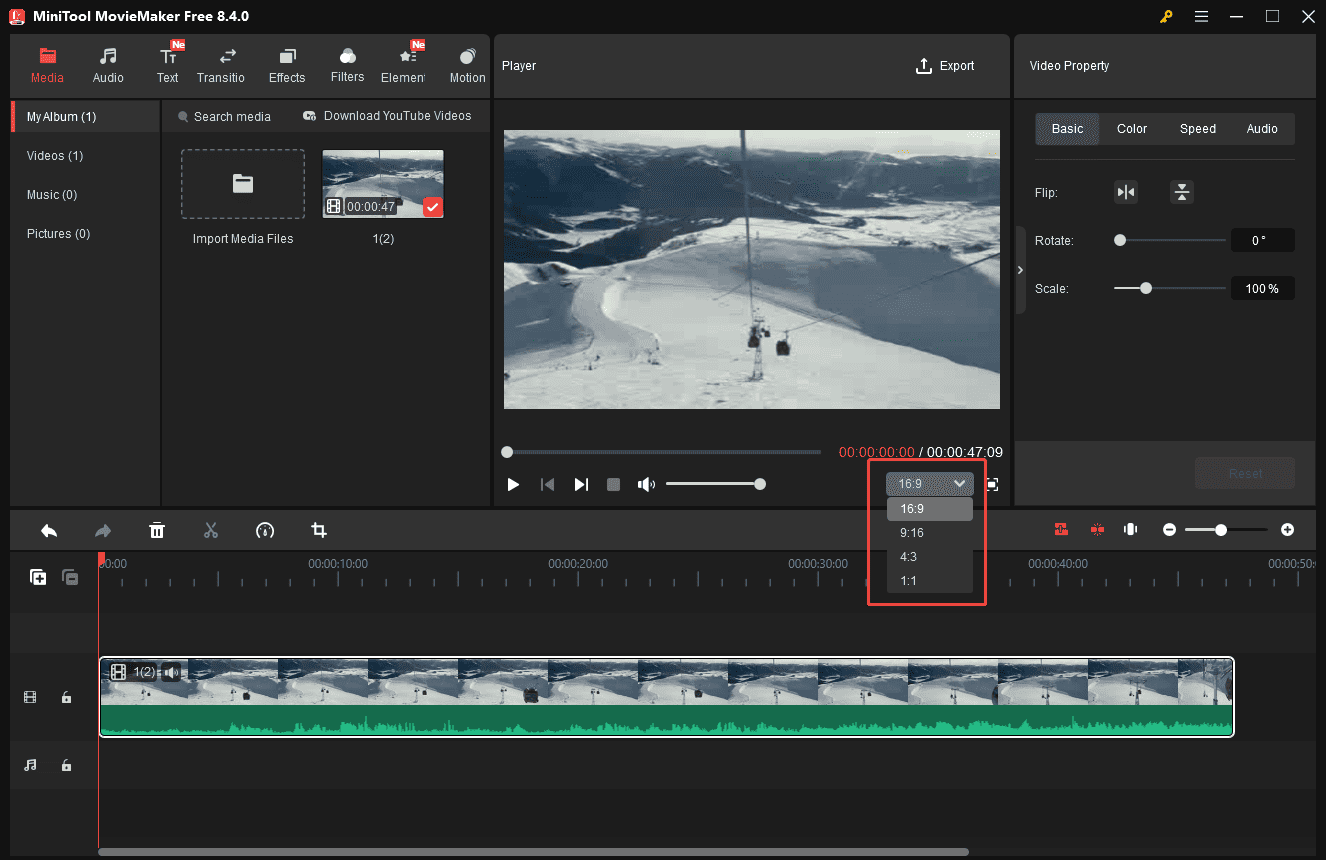 MiniTool MovieMaker interface with the highlighted Aspect Ratio option in the right corner of the player section.