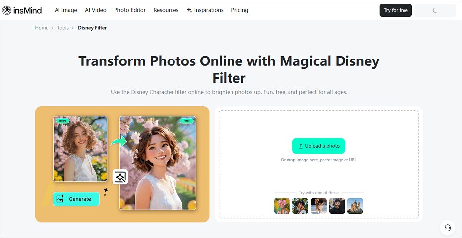 insMind’s Disney generator interface.