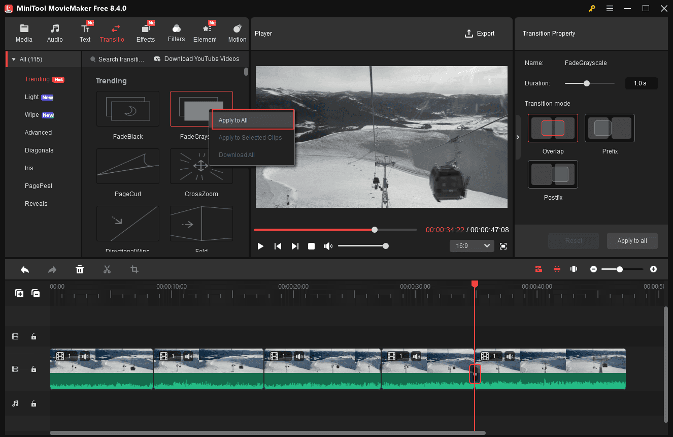 MiniTool MovieMaker interface with the highlighted Apply to All option from the Transitions tab.