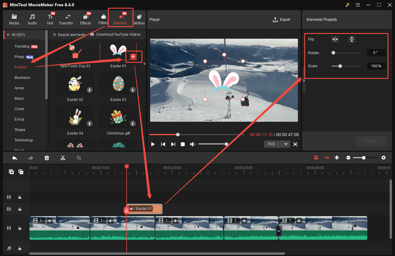 MiniTool MovieMaker interface showing how to add elements to the video.