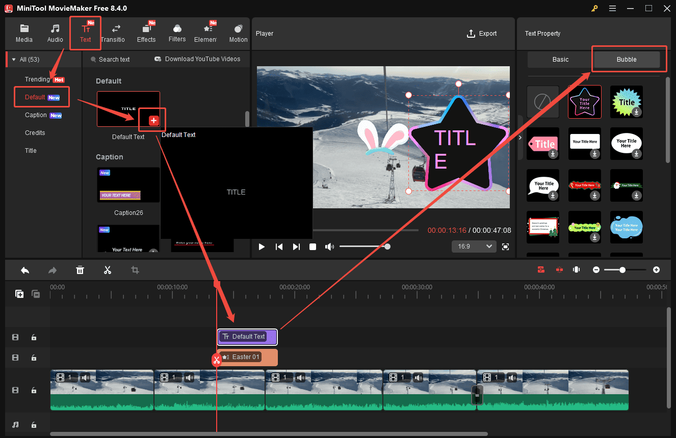 MiniTool MovieMaker interface showing how to add text with a bubble to the video.