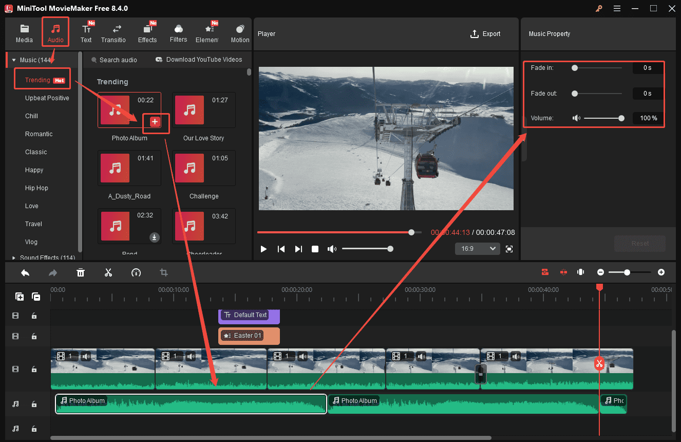 MiniTool MovieMaker interface showing how to add music to the video.