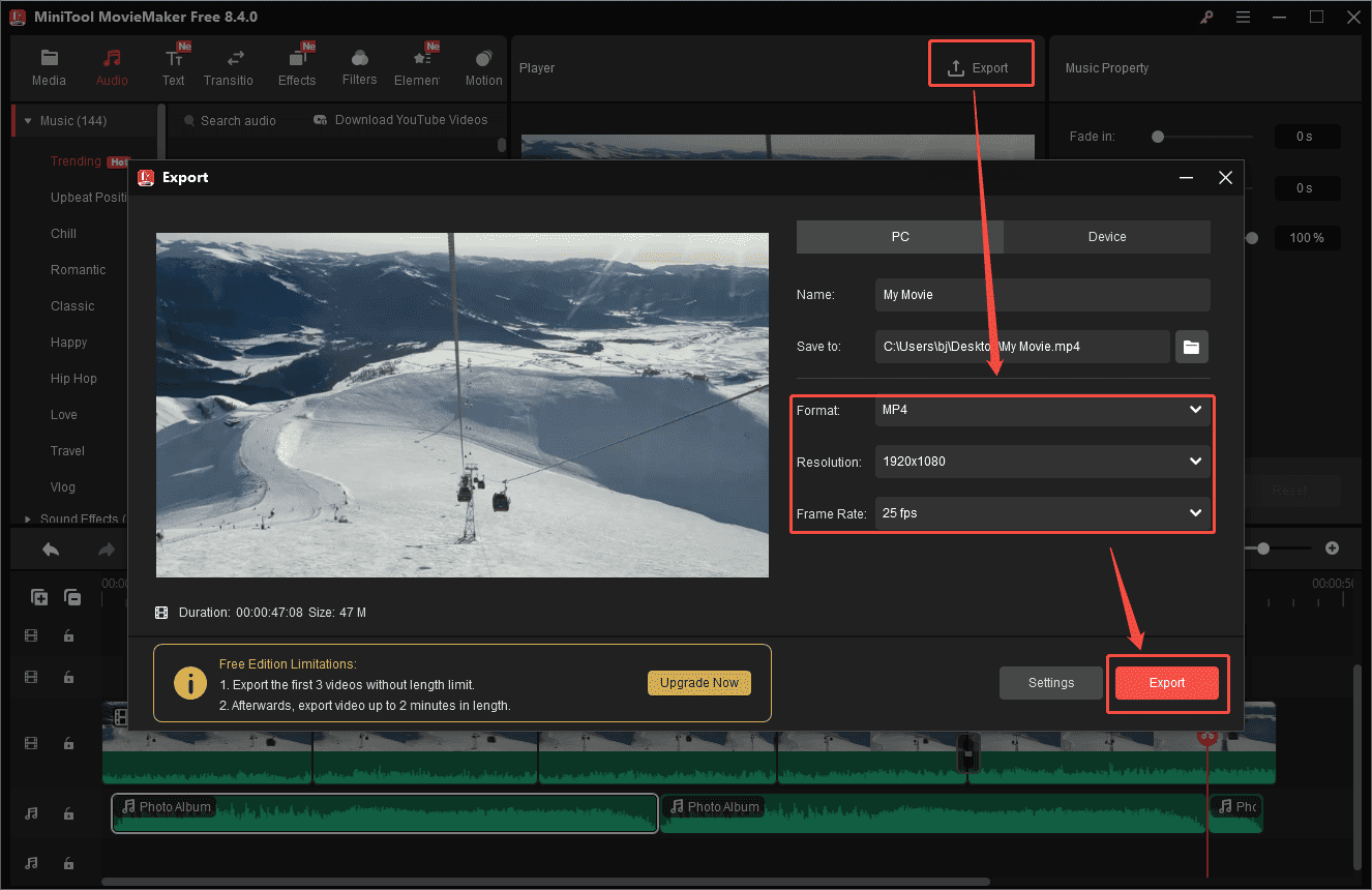 MiniTool MovieMaker interface showing how to export the final video to the computer.