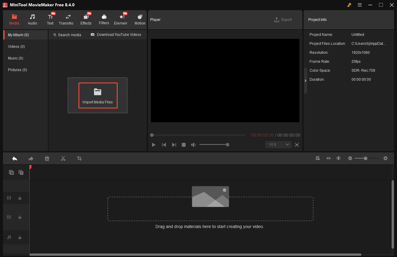 MiniTool MovieMaker interface with the highlighted Import Media Files option.