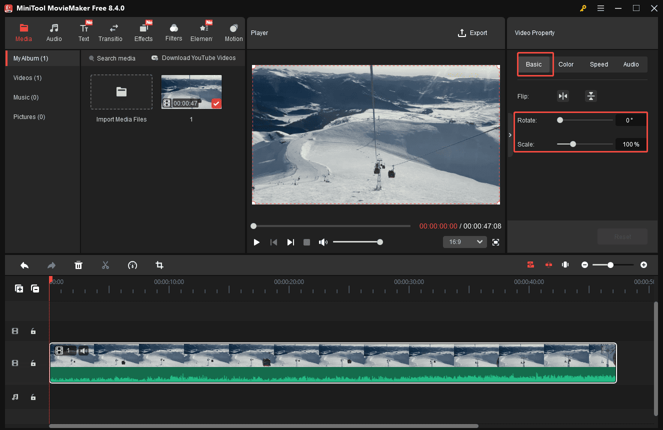 MiniTool MovieMaker interface showing the selected Rotate and Scale sliders.