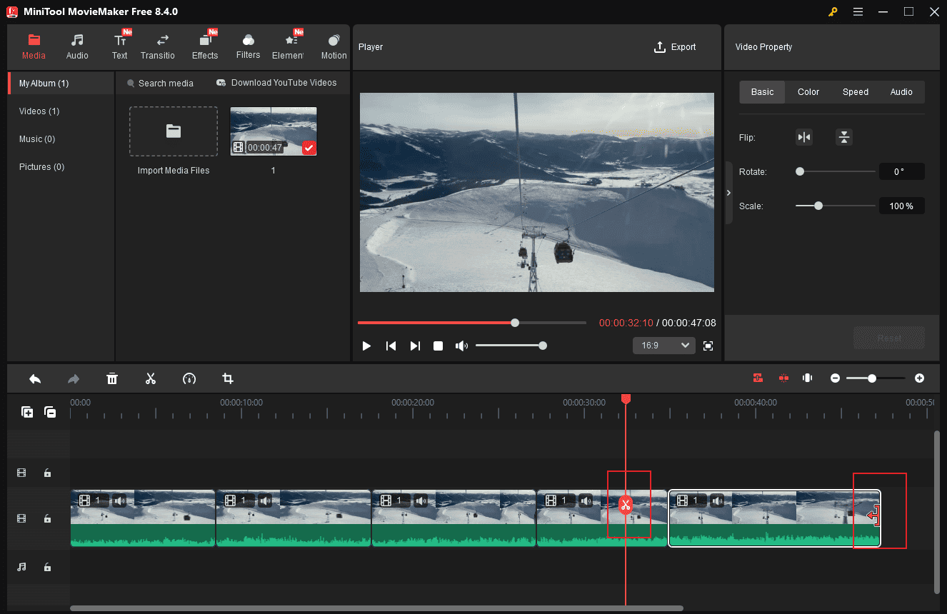 MiniTool MovieMaker interface with the highlighted Split and Trim icons.
